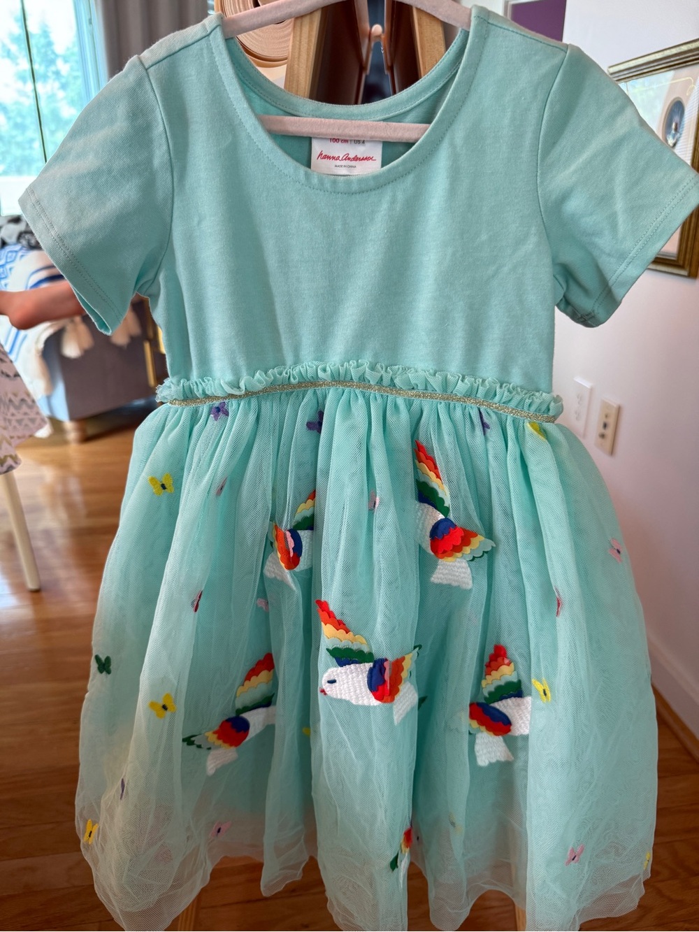 Hanna Andersson Appliqué Dress In Soft Tulle BNWT size 4 Rainbow Bird Butterfly